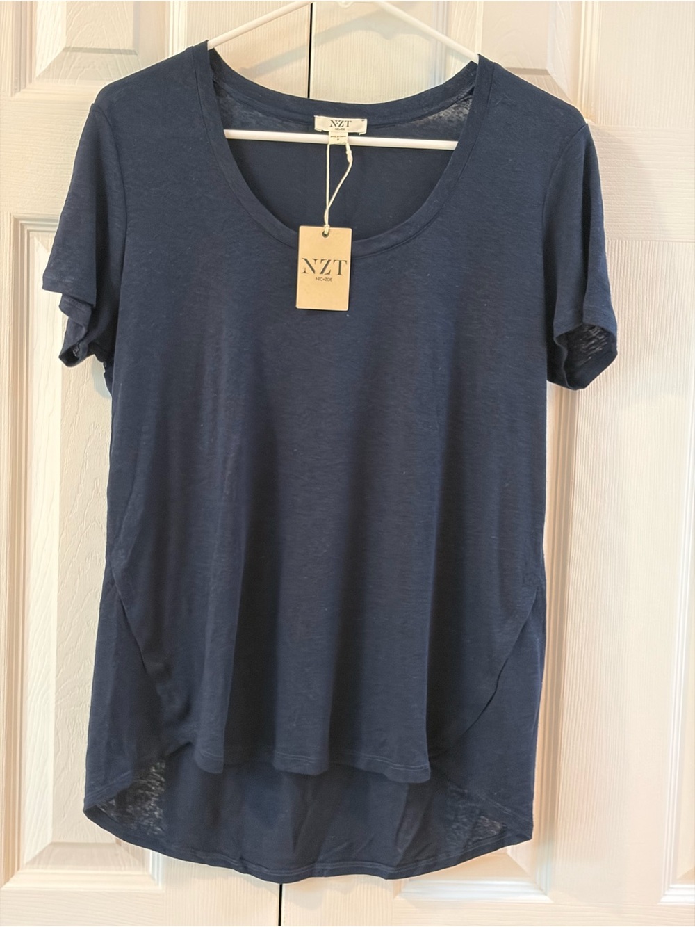 NIC + ZOE Navy Short Sleeve Linen Blend Tee Shirt Size S